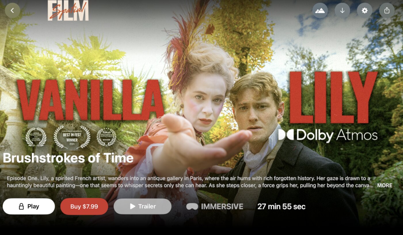 A film page inside Spatial Film on Apple Vision Pro: Vanilla Lily — Brushstrokes of Time, with festival laurels, Dolby Atmos, and a Buy $7.99 button