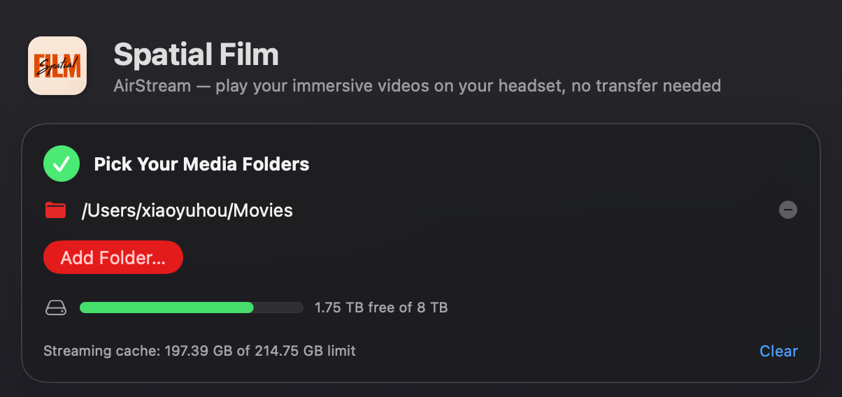 Spatial Film AirStream Mac app — the Pick Your Media Folders screen, adding a folder to stream 3D movies, MKV files and VR180/360 video to Apple Vision Pro with no file transfer.