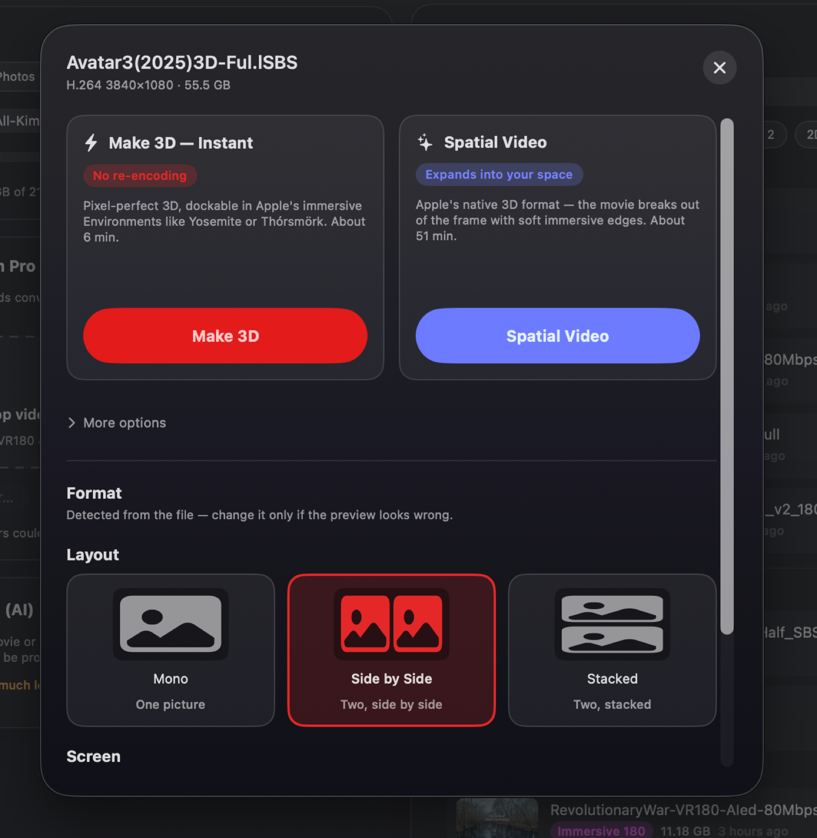 Spatial Film AirStream Mac app — the Format Sheet for a side-by-side 3D movie showing its two destinies: Make 3D — Instant with no re-encoding, or Apple Spatial Video that expands into your space, with the detected layout below.