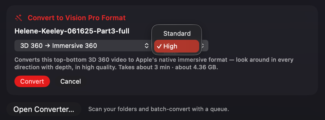 Spatial Film AirStream Mac app — the Convert to Vision Pro Format panel converting a 3D 360 video to Immersive 360 at High quality, into Apple's native MV-HEVC / APMP immersive format for Apple Vision Pro.