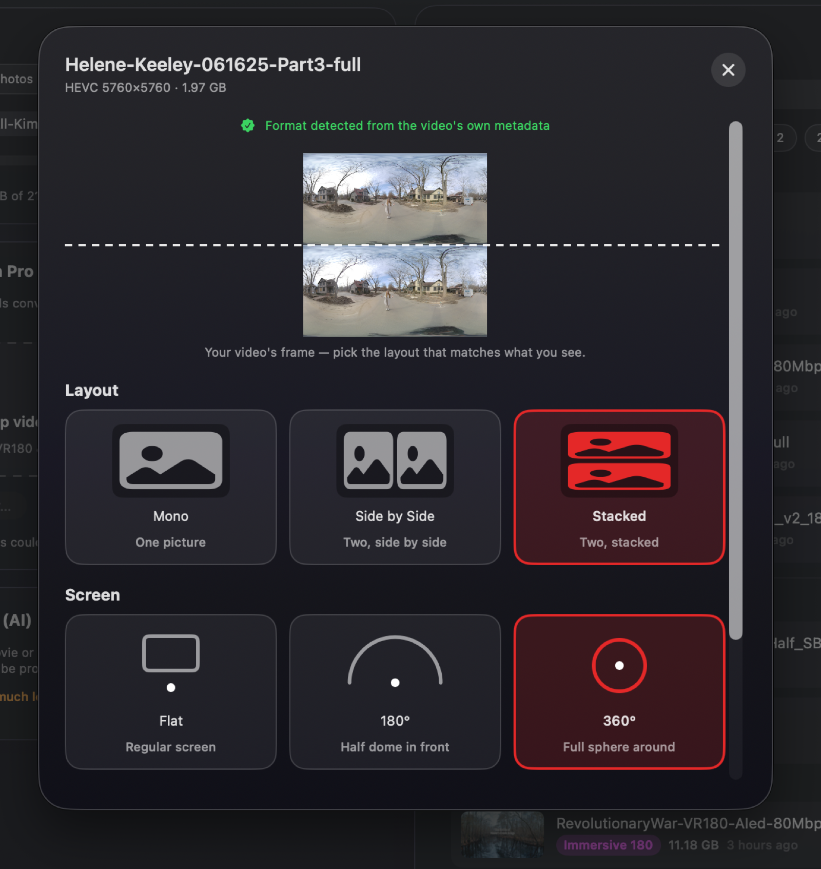 Spatial Film AirStream Mac app — a 3D 360° video recognized from its own metadata with a green verified seal, Stacked layout and 360° screen selected from the video's actual frame, ready for instant Apple immersive conversion.