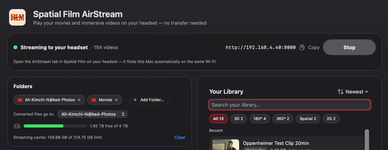 Spatial Film AirStream 1.1 Mac app — the one-window redesign: server streaming 154 videos to Apple Vision Pro, folder chips, and the Your Library pane with search and 3D, 180°, 360°, Spatial and 2D format filters.