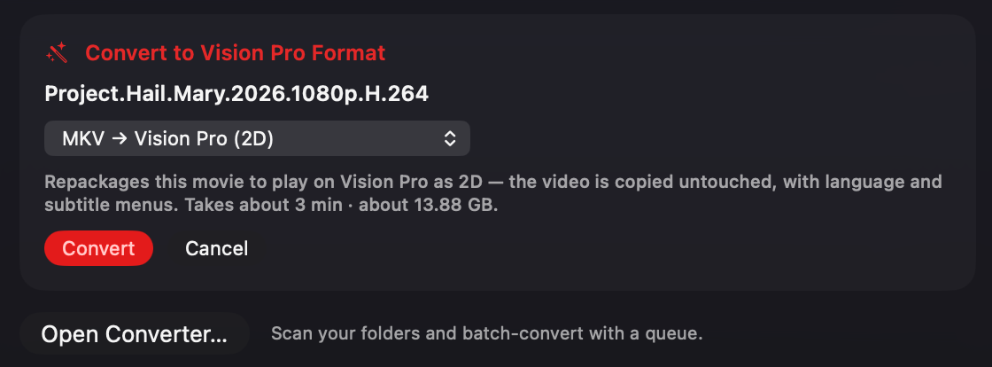 Spatial Film AirStream Mac app — the Convert to Vision Pro Format panel converting an MKV movie to Vision Pro (2D), repackaged losslessly with language and subtitle menus so Apple Vision Pro can open it.