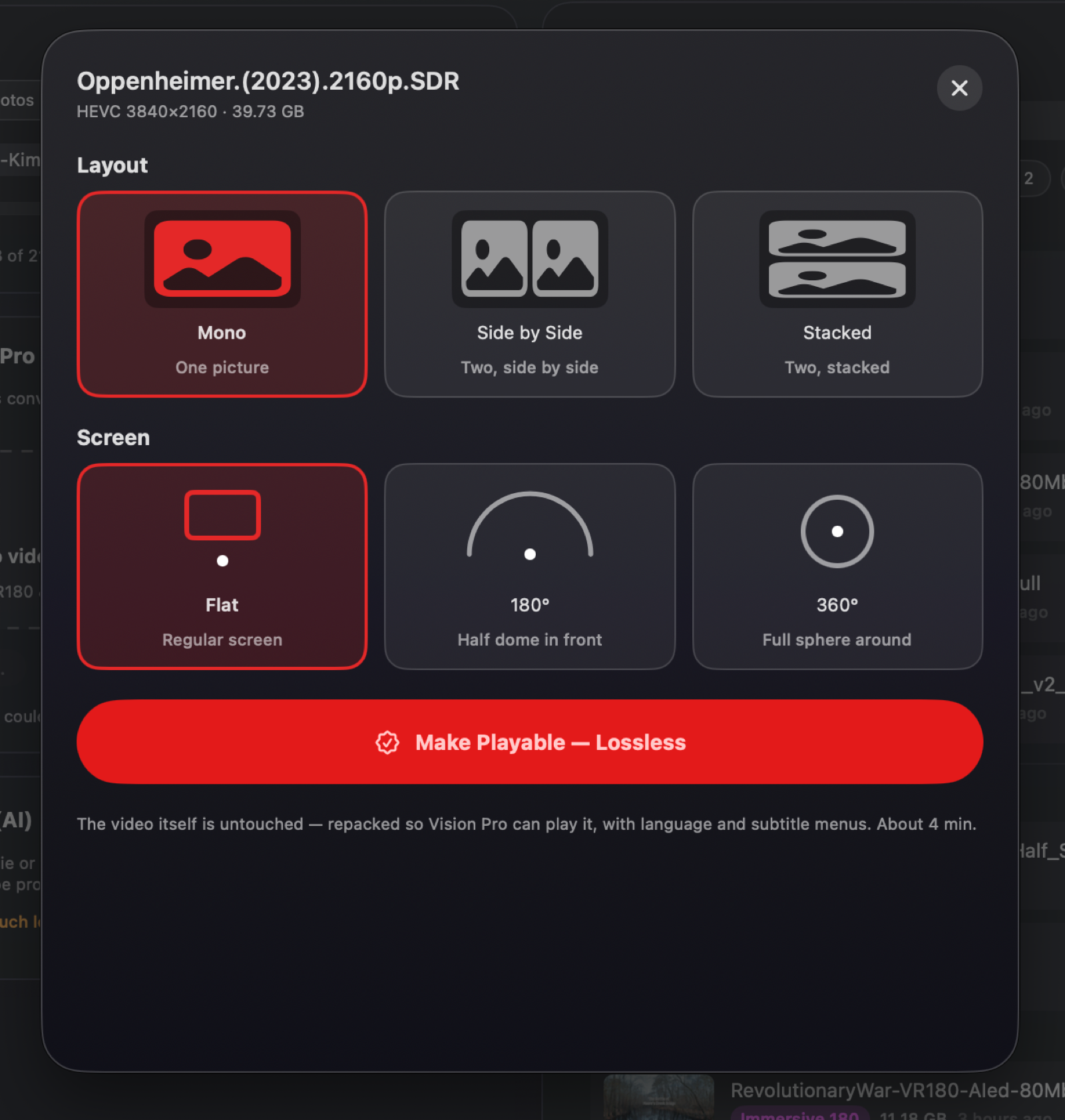 Spatial Film AirStream Mac app — a 4K movie file on the Format Sheet with the Make Playable — Lossless button: the video repackaged untouched so Apple Vision Pro can open it, with language and subtitle menus.