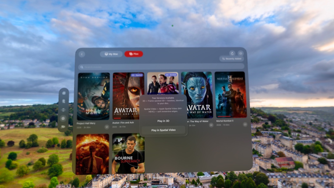Spatial Film AirStream on Apple Vision Pro — a Plex film offering Two Versions Available, with Play in 3D and Play in Spatial Video buttons to choose between lossless 3D and Apple Spatial Video.