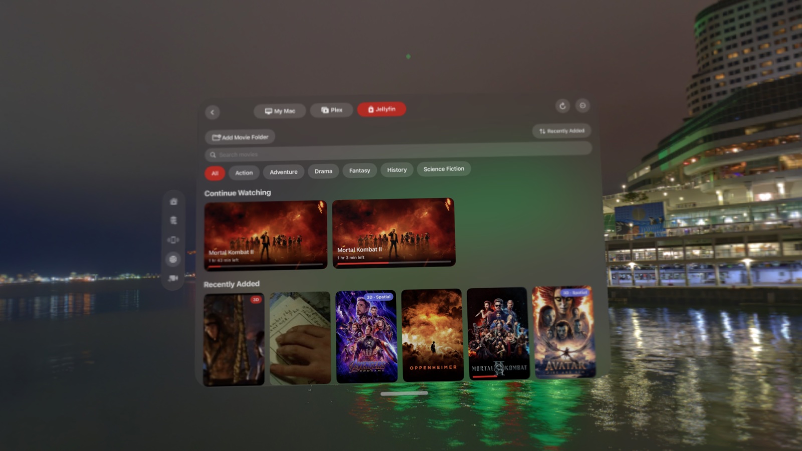 Spatial Film AirStream on Apple Vision Pro — your own Jellyfin library browsed inside the headset with Continue Watching and Recently Added shelves, genre filters, and 3D · Spatial badges on movie posters, floating over a harbor at night.