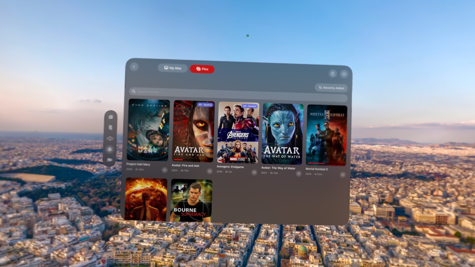 Spatial Film AirStream on Apple Vision Pro — your own Plex library browsed inside the headset, with 3D · Spatial badges on Avatar and Avengers posters, playing in real stereo 3D over an immersive skyline environment.