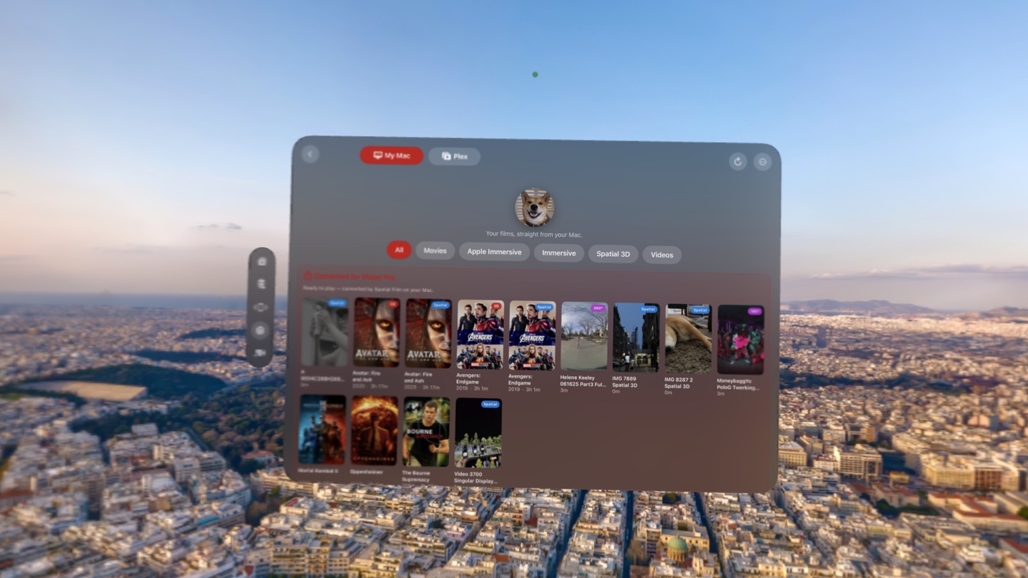 Spatial Film AirStream on Apple Vision Pro — the AirStream tab showing a Mac's whole movie library streaming to the headset, with Movies, Apple Immersive, Spatial 3D and 360° videos ready to play with no file transfer.