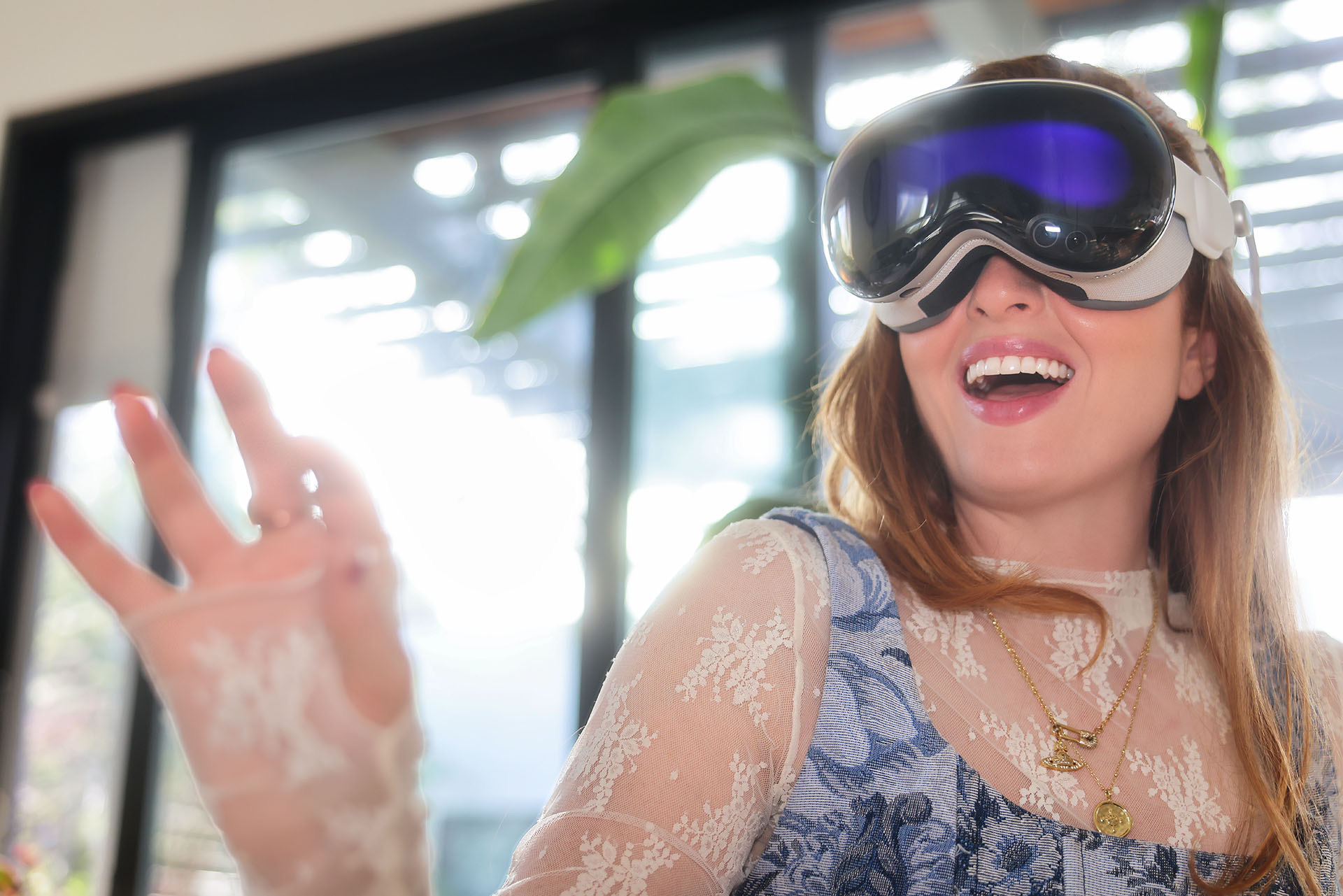 Keeley wearing headset — immersive cinema experience