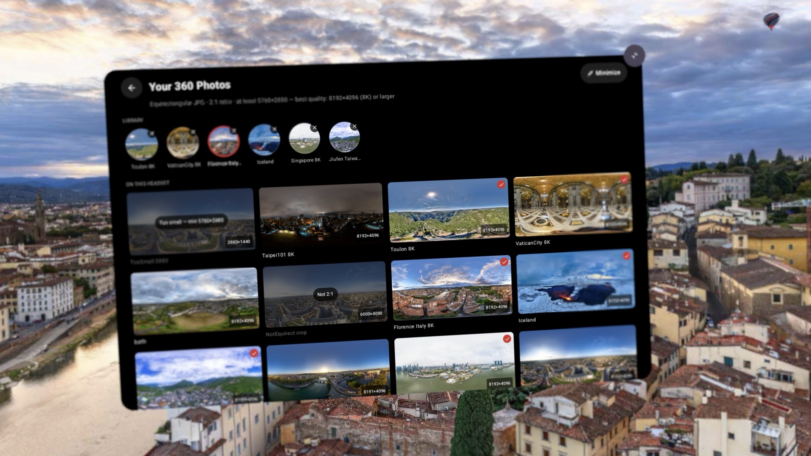 Spatial Film on Samsung Galaxy XR — the Your 360 Photos library floating over Florence at dusk, with a grid of the user's own 8K equirectangular panoramas from Toulon, Vatican City, Taipei and Iceland ready to use as viewing environments.