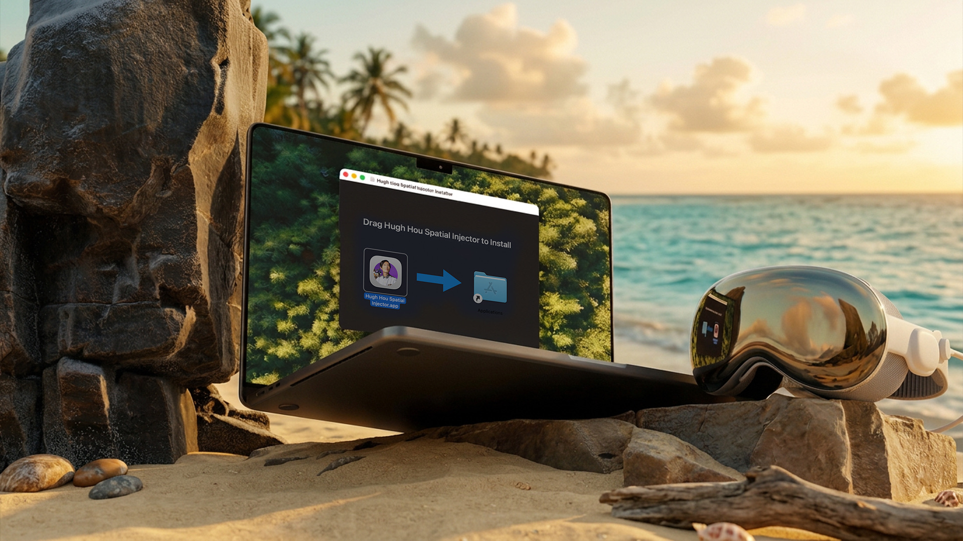 A MacBook Pro on a beach at sunset showing the Hugh Hou Spatial Injector installer, with an Apple Vision Pro resting on the rocks beside it.