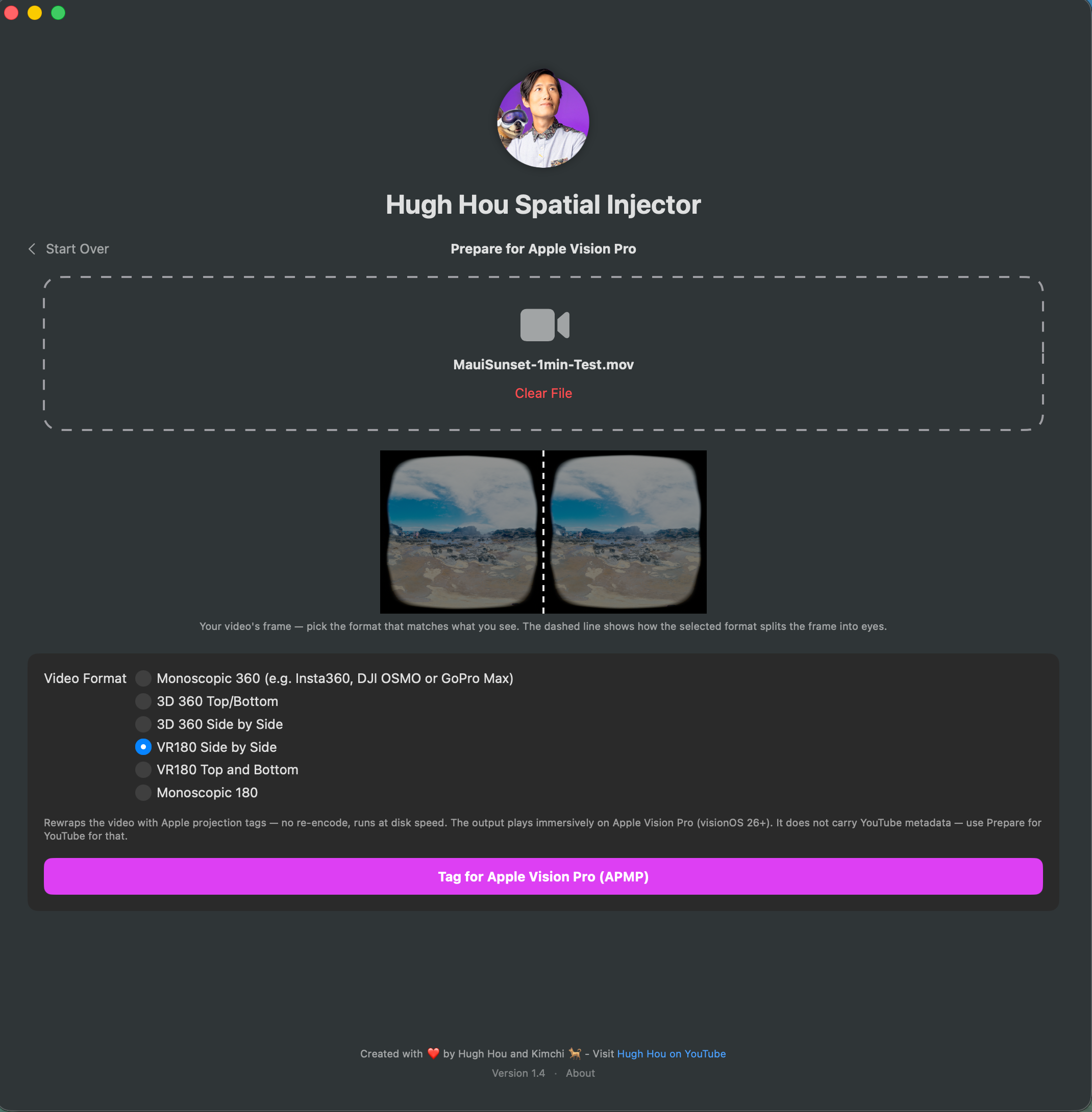The injector's Prepare for Apple Vision Pro screen: the same beach video's frame with the eye-split guide, above the Apple format list and the purple Tag for Apple Vision Pro button.