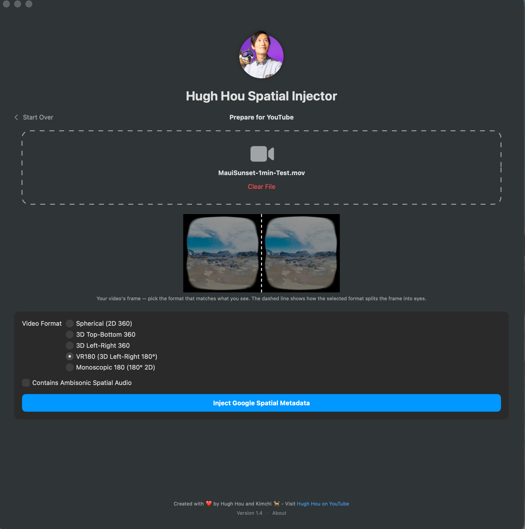 The injector's Prepare for YouTube screen: a frame of a VR180 beach video with a dashed guide line marking the split between the left and right eye, above the YouTube format list and the ambisonic audio checkbox.