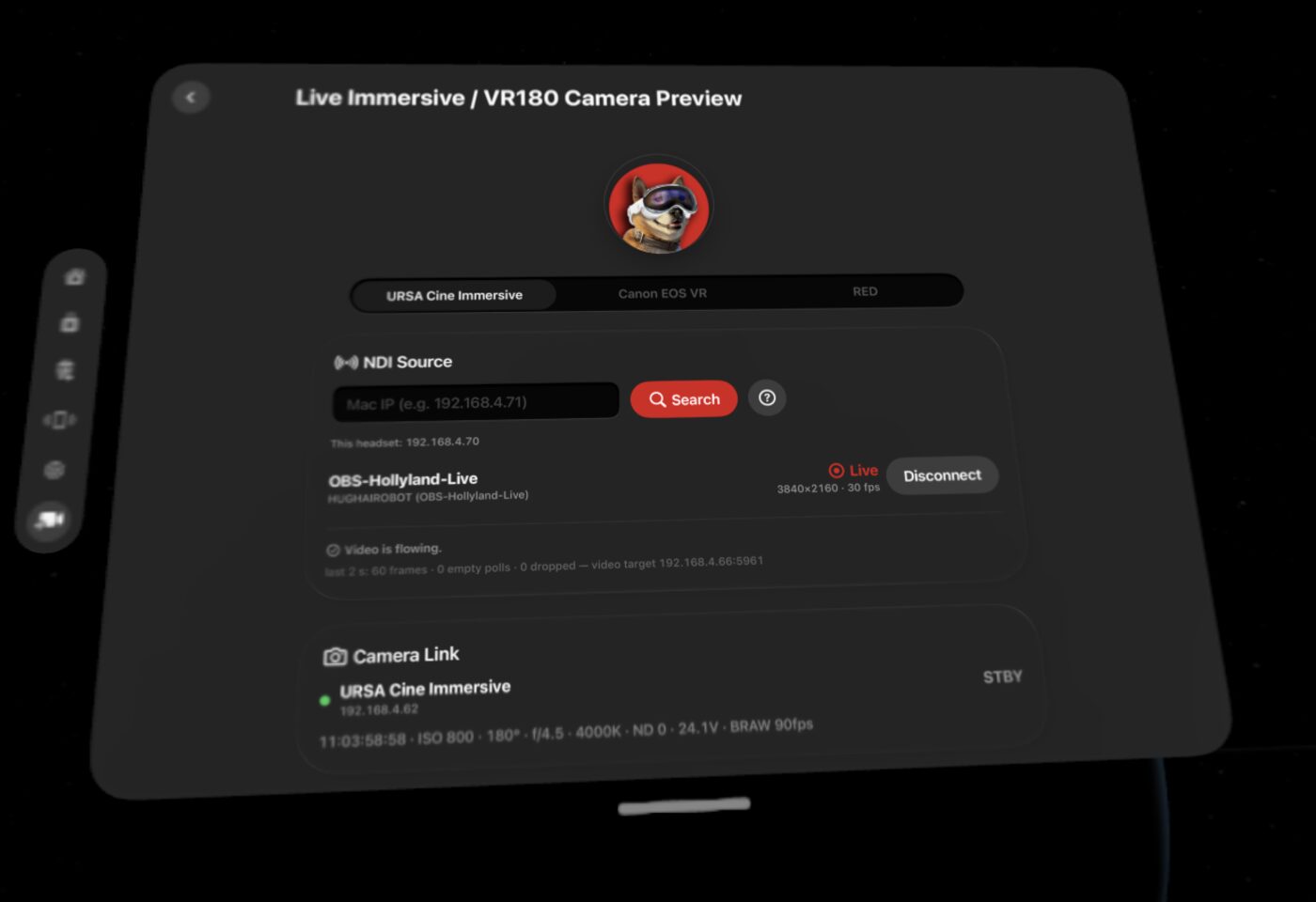 The Live Camera page in Spatial Film on Apple Vision Pro: URSA Cine Immersive, Canon EOS VR and RED camera tabs, a live 4K NDI source, and Camera Link telemetry