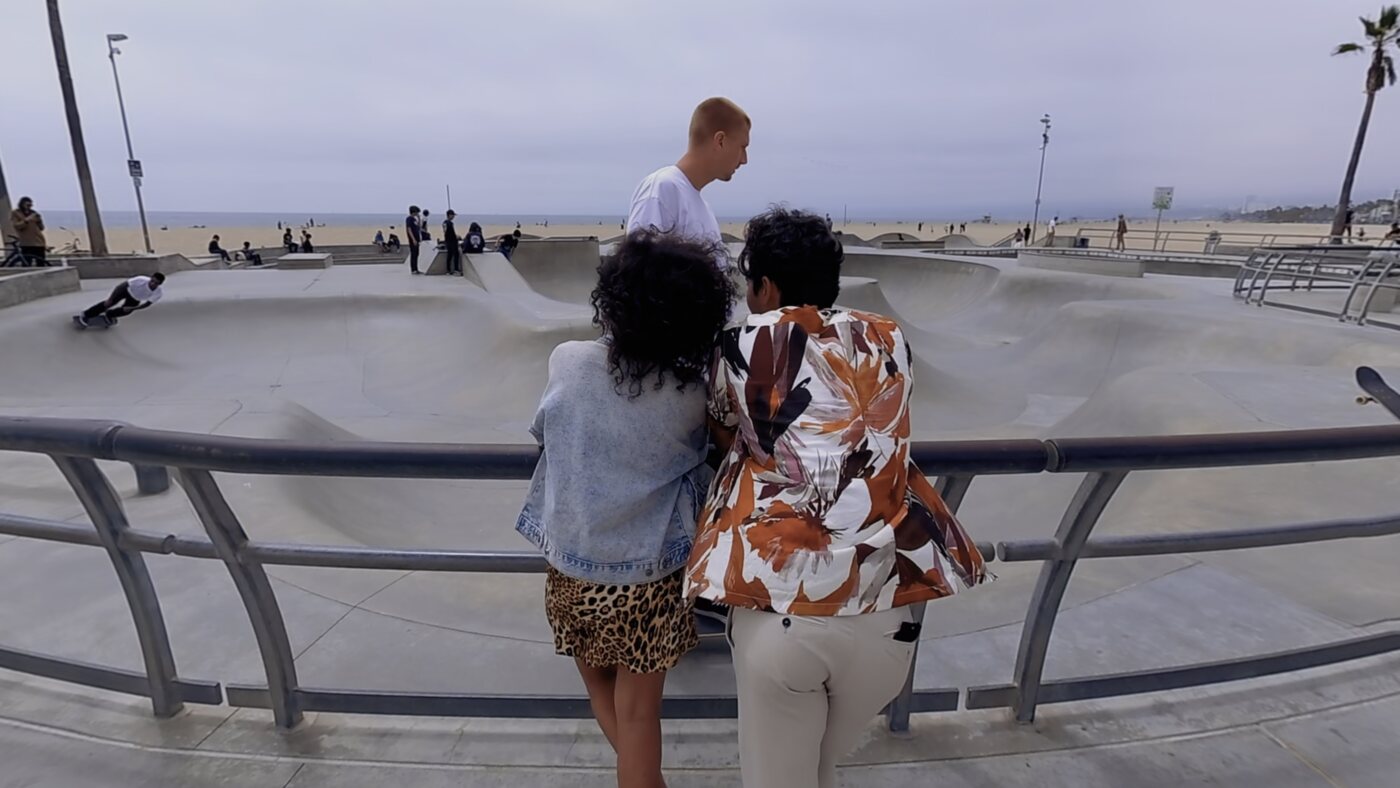 The same 3D 360° video after Spatial Film's Convert & Play — playing correctly on Apple Vision Pro, fully immersive: standing inside the Venice Beach skatepark scene with real depth.
