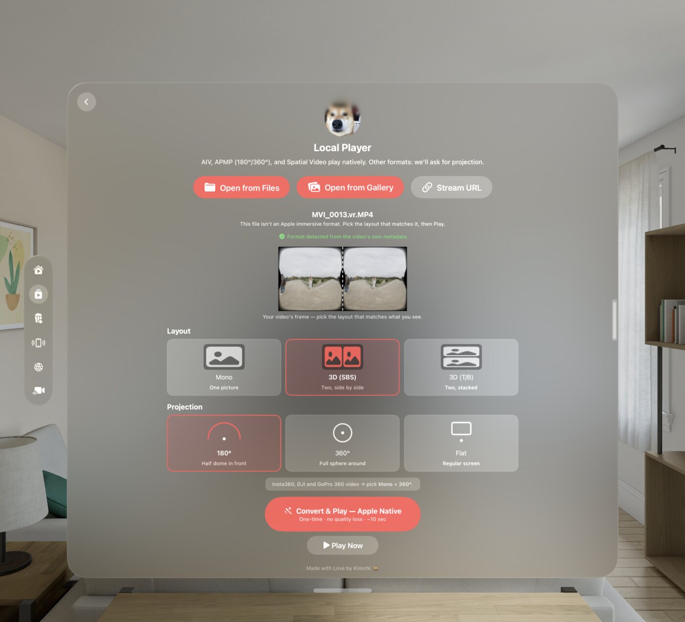 Spatial Film's Local Player on Apple Vision Pro converting a Canon VR180 dual-fisheye video — a green seal reads Format detected from the video's own metadata, with 3D side-by-side and 180° automatically selected above the Convert & Play — Apple Native button.