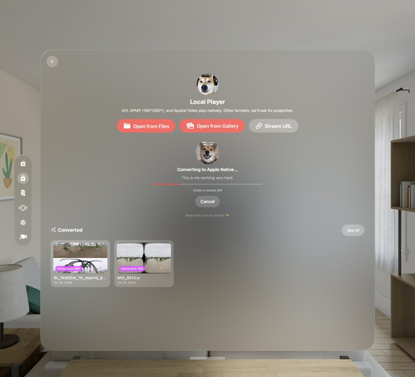 Spatial Film converting a video to Apple Native on Apple Vision Pro — Kimchi the Shiba Inu presiding over a live progress bar reading under a minute left, with a Cancel button, above a Converted shelf showing finished Immersive 360 and Immersive 180 videos.