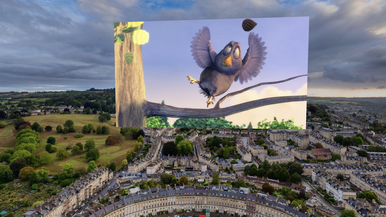 A side-by-side 3D film converted by Spatial Film, docked into an Apple Immersive Environment on Apple Vision Pro — the movie floating in real depth above a sweeping aerial view of the Royal Crescent in Bath.