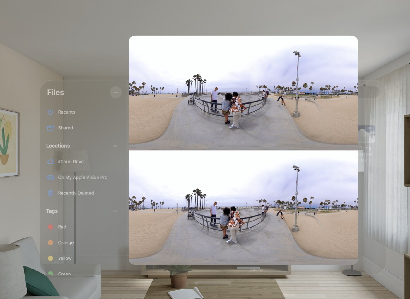The Apple Vision Pro Files app playing a 3D 360° video raw — a flat window showing the same beach panorama twice, stacked and doubled, with no depth and no immersion.