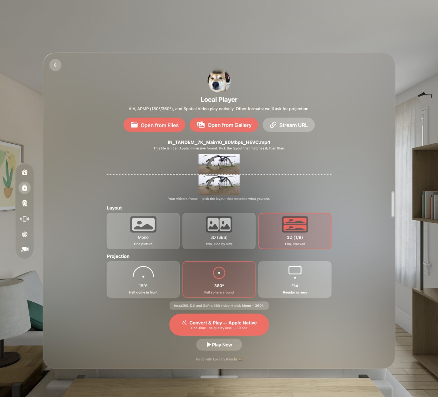 Spatial Film's Local Player on Apple Vision Pro — a floating glass pane over a living room, showing an 8K by 8K 3D 360° video's own frame above tappable layout diagrams (Mono, 3D side-by-side, 3D top-and-bottom), projection choices for 180°, 360° and flat, and a red Convert & Play — Apple Native button reading one-time, no quality loss, about 30 seconds.