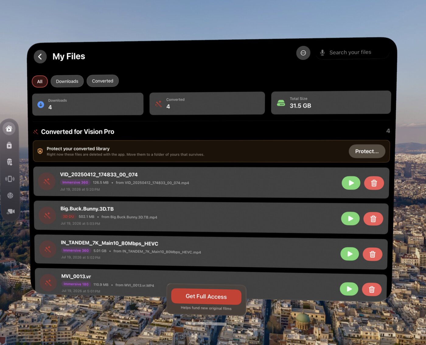 Spatial Film's My Files library on Apple Vision Pro, floating over a 360° aerial environment of Athens — All, Downloads and Converted filter chips, a Converted for Vision Pro list with Immersive 360, Immersive 180 and 3D OU badges, per-file sizes, search, and a Protect your converted library banner.