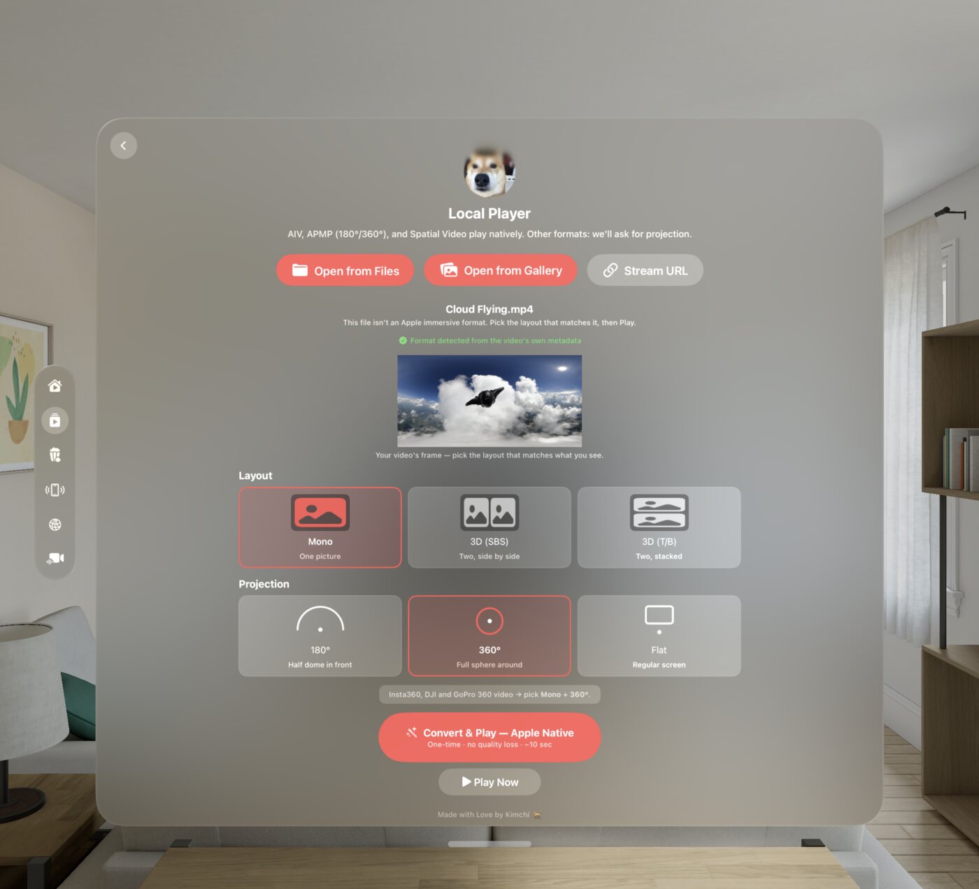 Spatial Film's Local Player on Apple Vision Pro with a 360° video shot on the Insta360 X5 just opened — its own cloud-flying frame shown above the layout diagrams, already recognized from the video's metadata with Mono and 360° selected.
