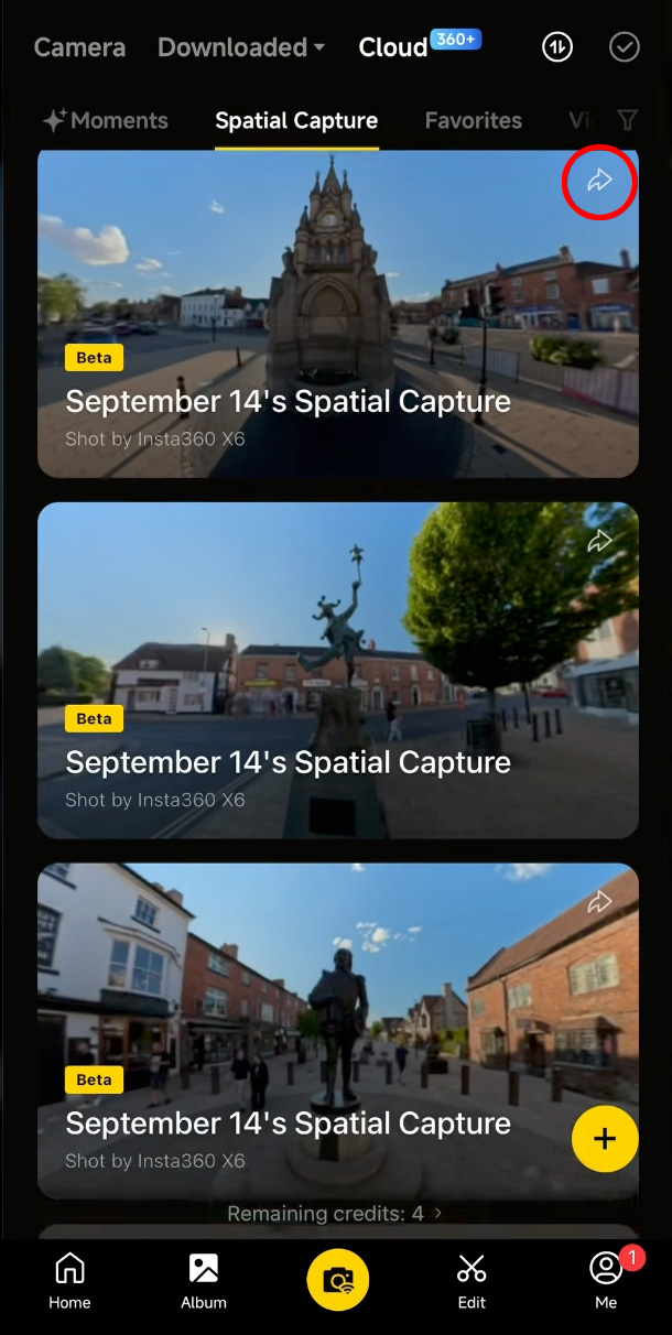 The Insta360 app Album with the Spatial Capture tab open: three Stratford captures, the share icon on the first one circled in red