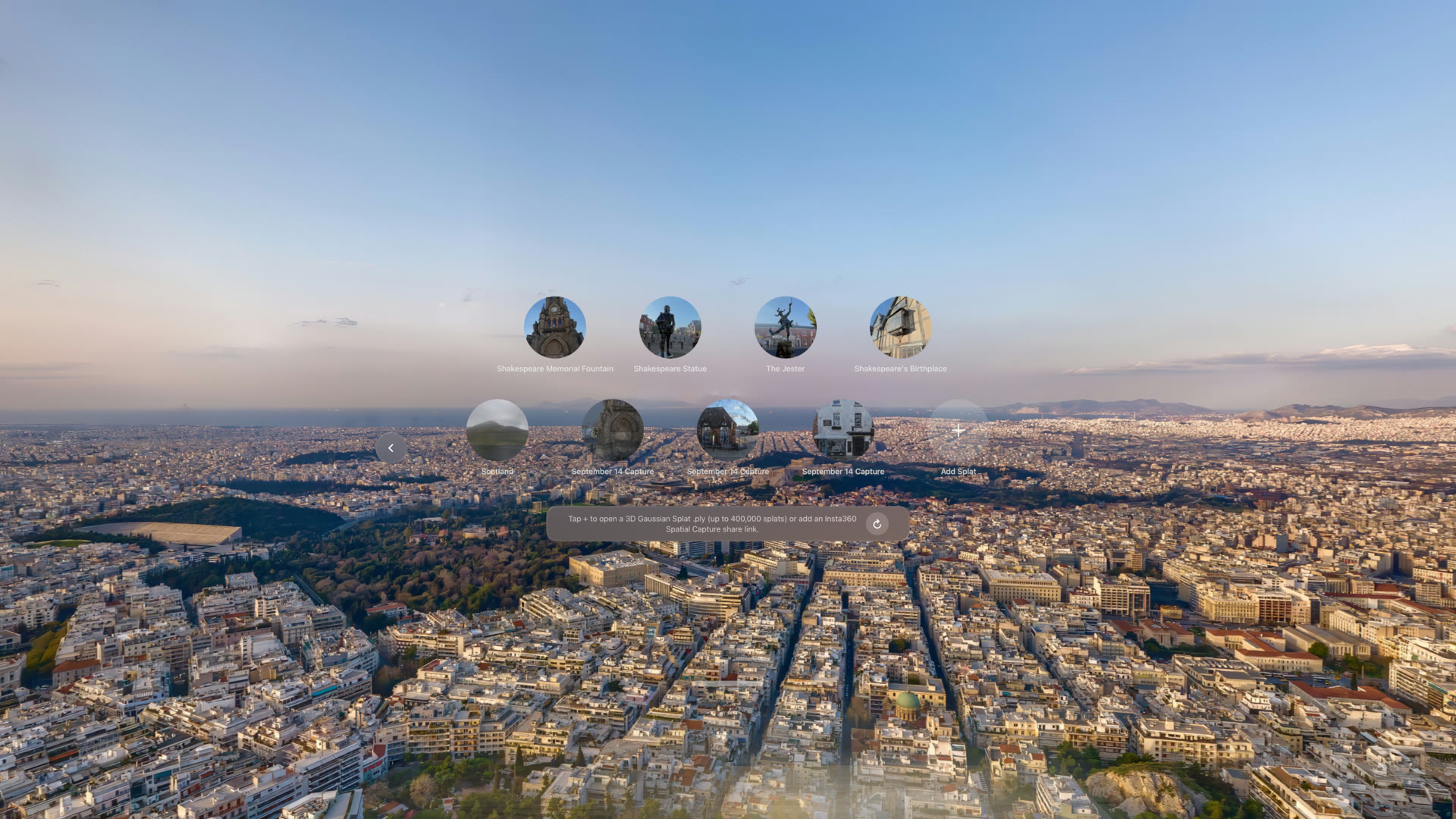 The Splat Player picker floating over a 360 environment of Athens at golden hour: featured scan tiles, three Insta360 captures, and the Add Splat tile
