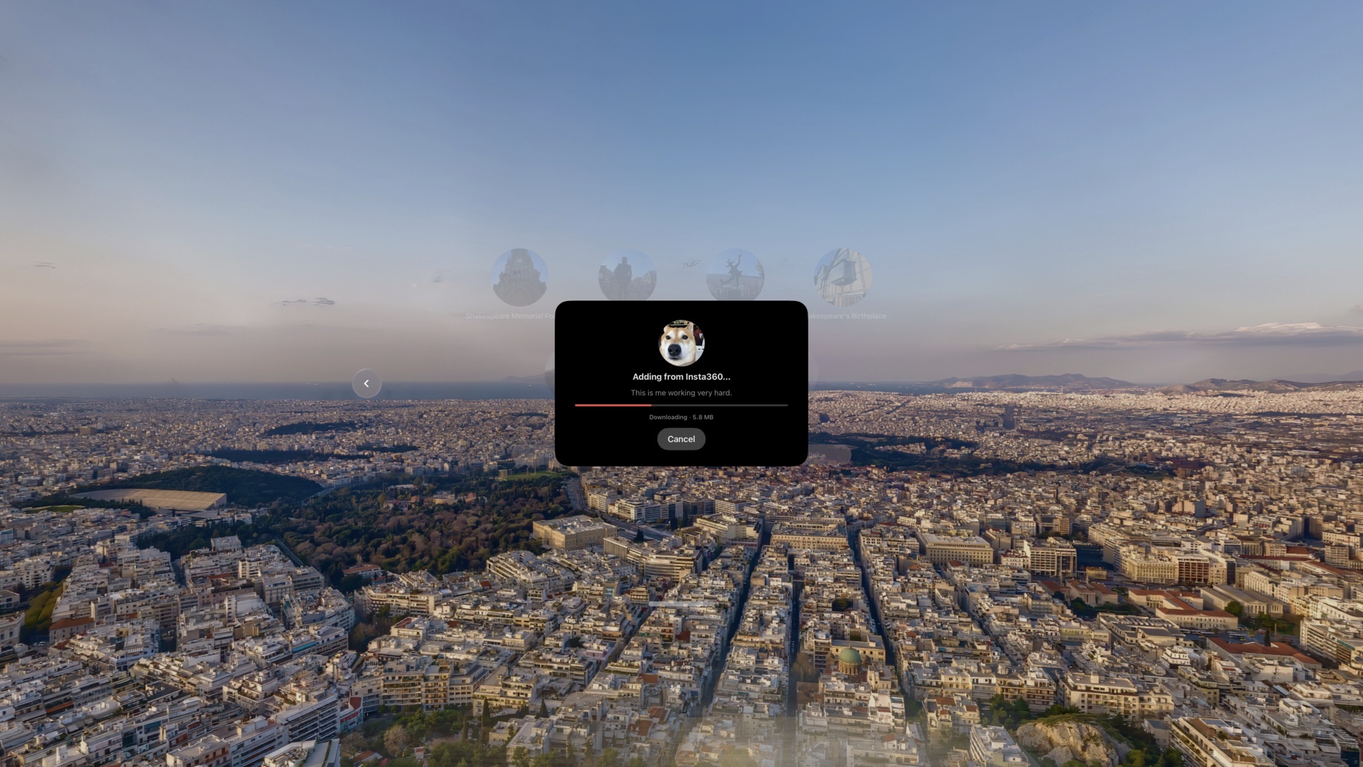 A download dialog reading Adding from Insta360 with a progress bar, floating over a 360 environment of Athens
