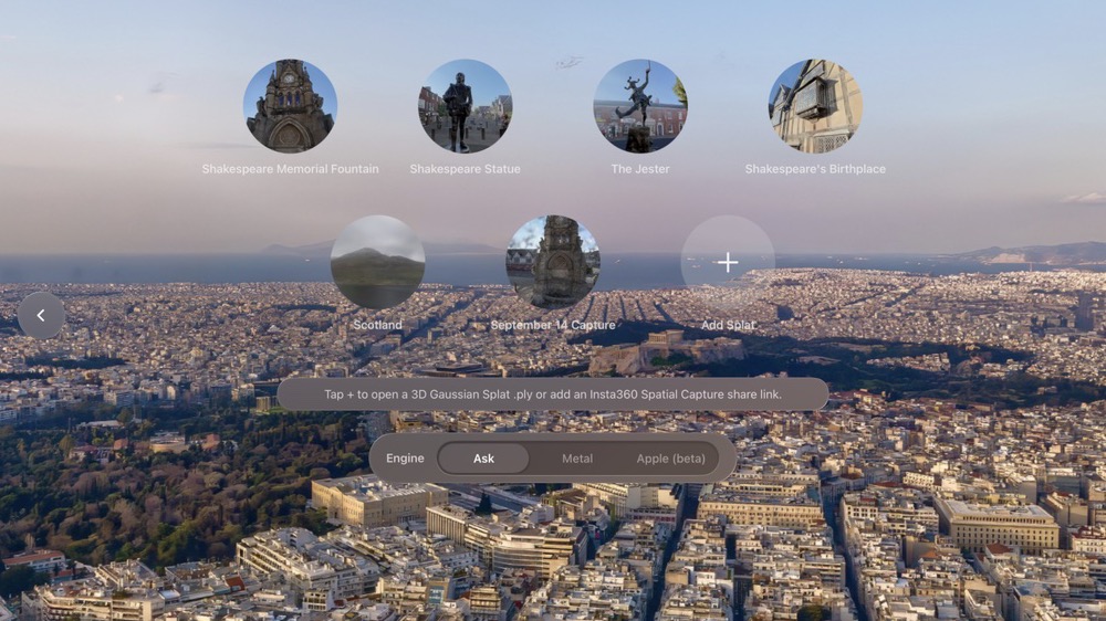 The Splat Player picker over Athens: the featured scan tiles with the + Add Splat tile at the end of the row