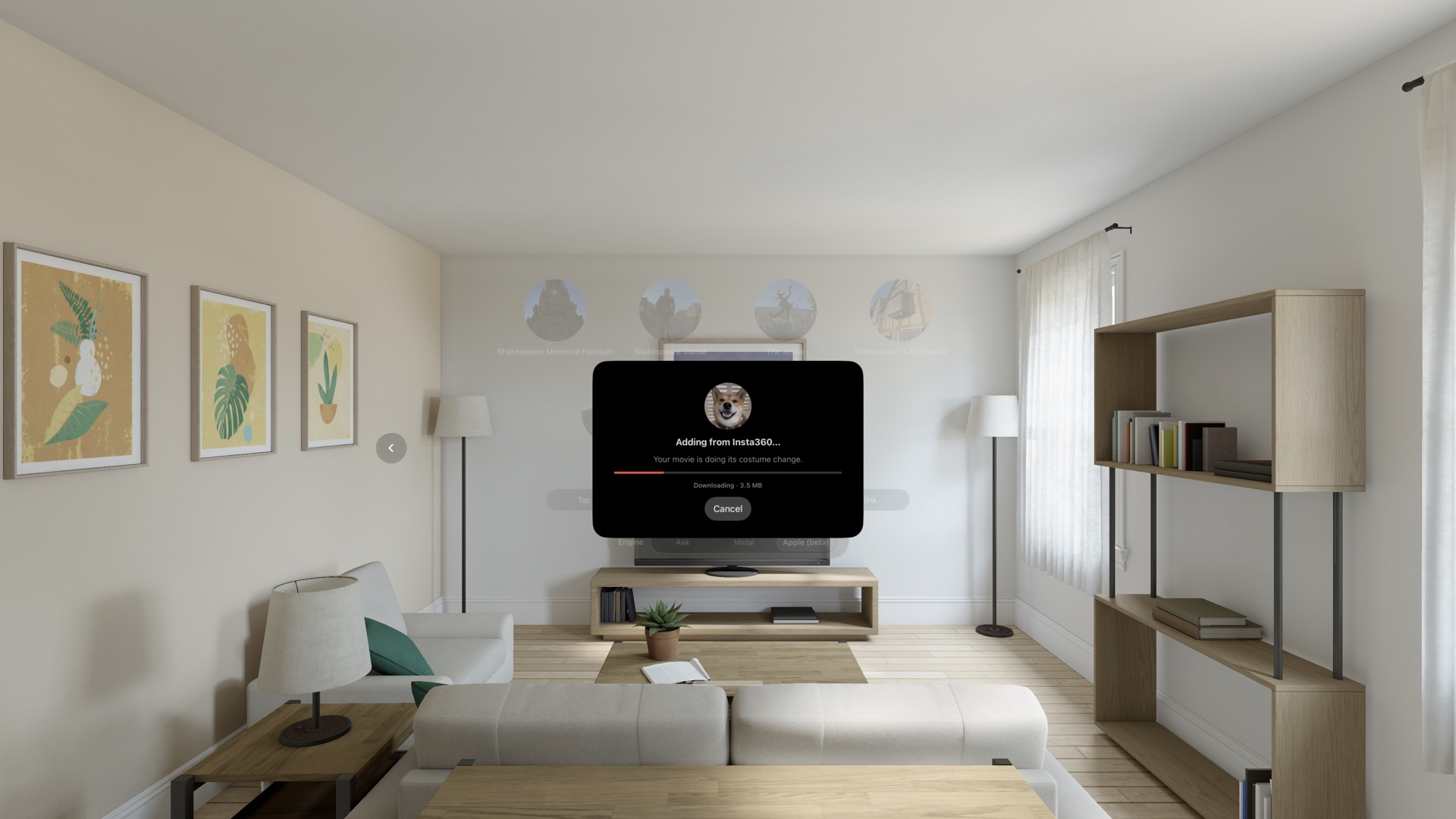 The Splat Player picker in a living room with a download dialog reading Adding from Insta360, showing a progress bar and a Cancel button