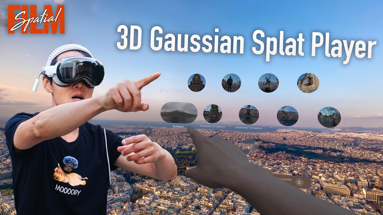 Hugh Hou in an Apple Vision Pro pointing at a row of floating splat scene thumbnails over an aerial view of Athens, with the title 3D Gaussian Splat Player