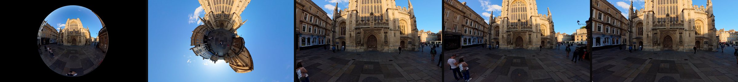 The same Bath Abbey moment in five Reframe presets: Crystal Ball, Tiny Planet, Wide, Ultra Wide and Flat.