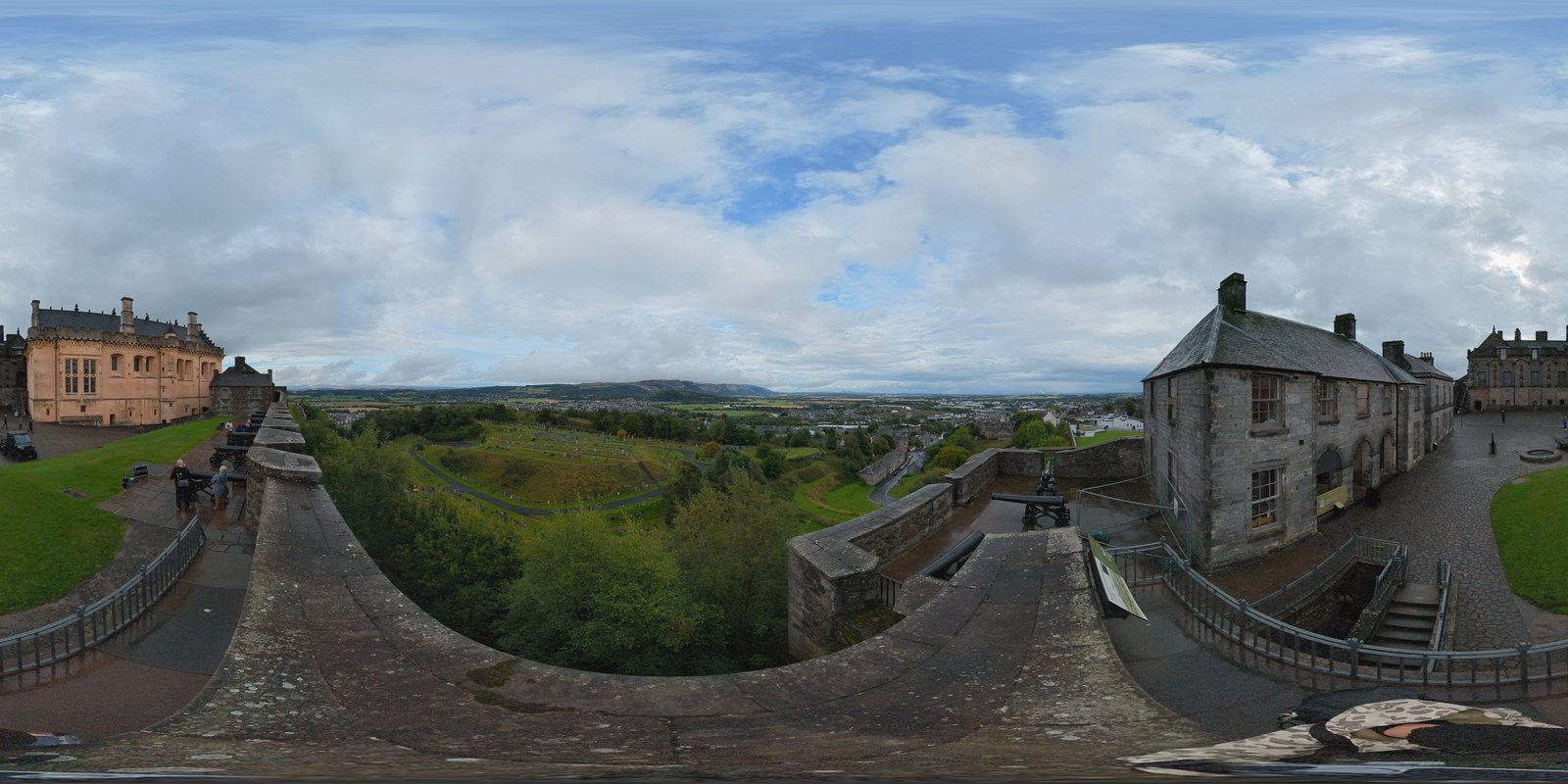 A 16K timelapse frame from the ramparts of Stirling Castle, looking over the town to the hills, stitched by Spatial Film DJI 360 Stitch.