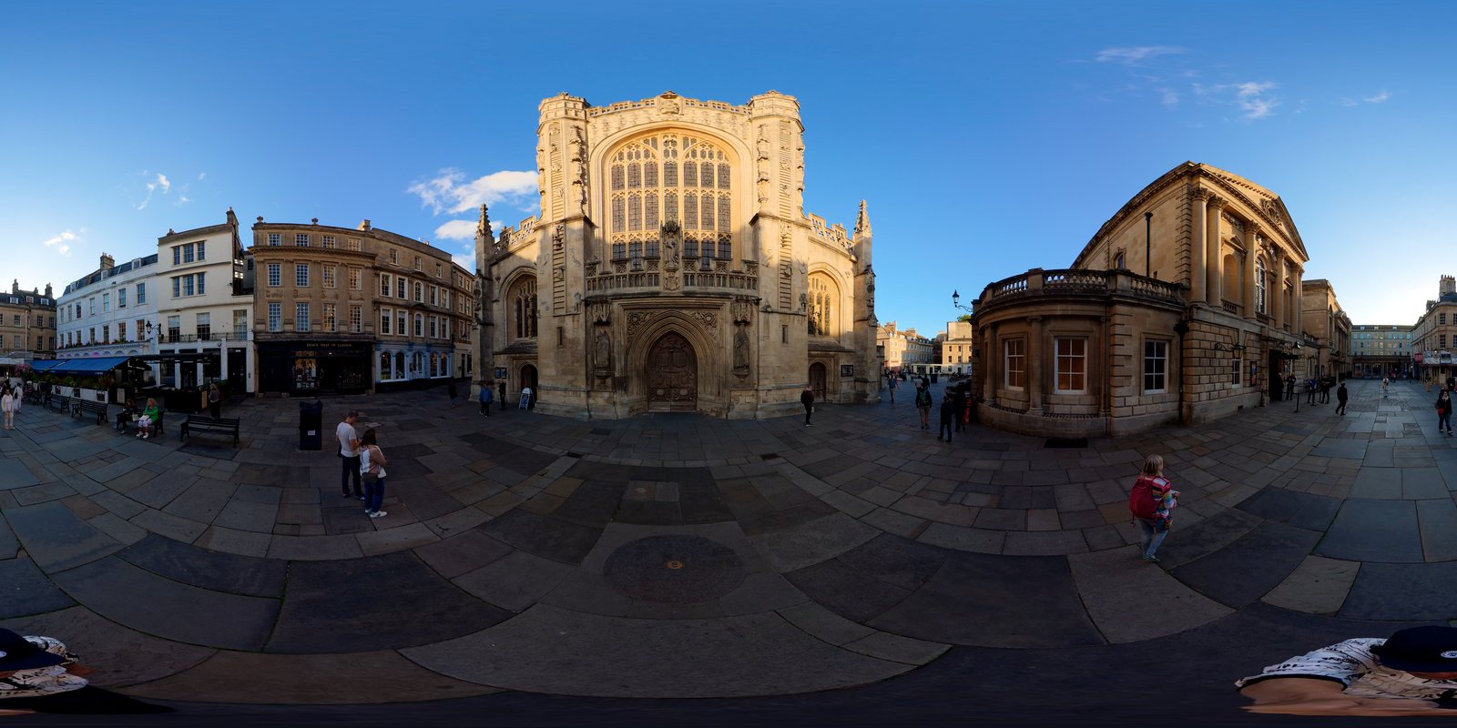 Bath Abbey and its square in evening sun as a full 360 frame from an original Osmo 360, stitched by Spatial Film DJI 360 Stitch.