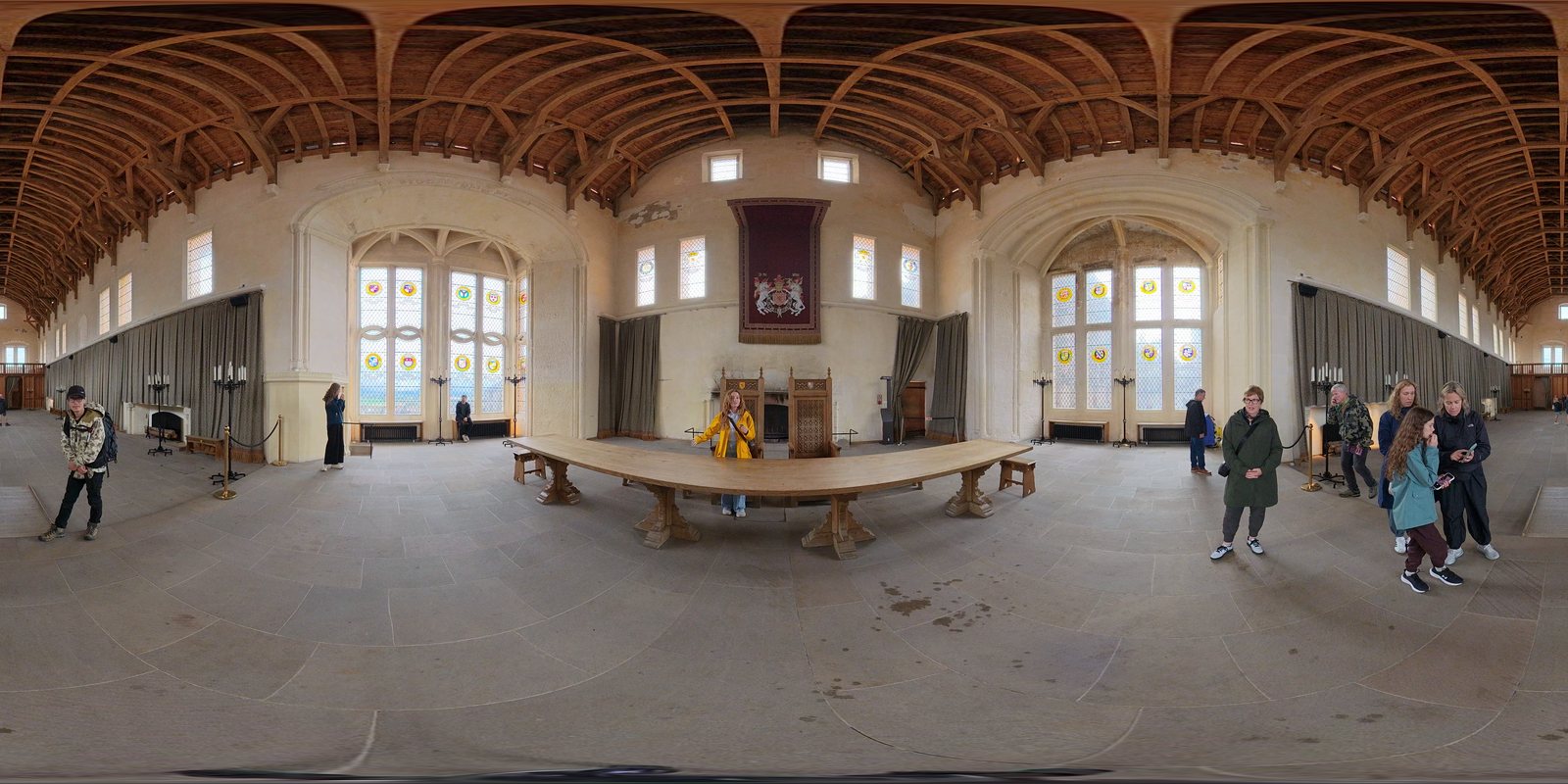 The Great Hall at Stirling Castle as a full 360 frame, with its hammer-beam roof and long table, stitched in Resolve by Spatial Film DJI 360 Stitch.
