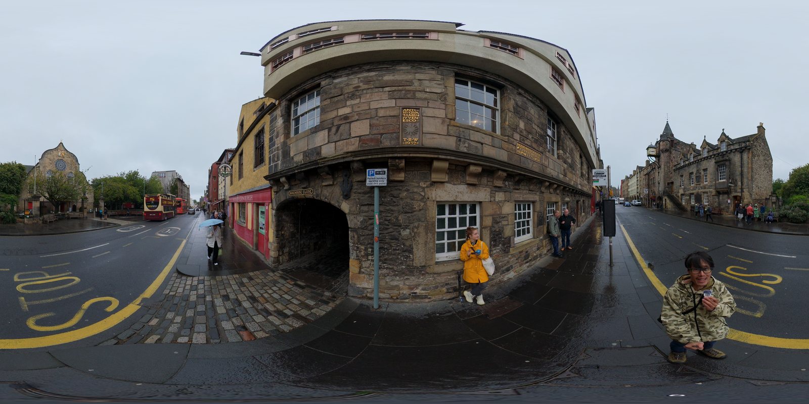 A frame from a real 8K ProRes export out of DaVinci Resolve: an Edinburgh street, stitched by Spatial Film DJI 360 Stitch.