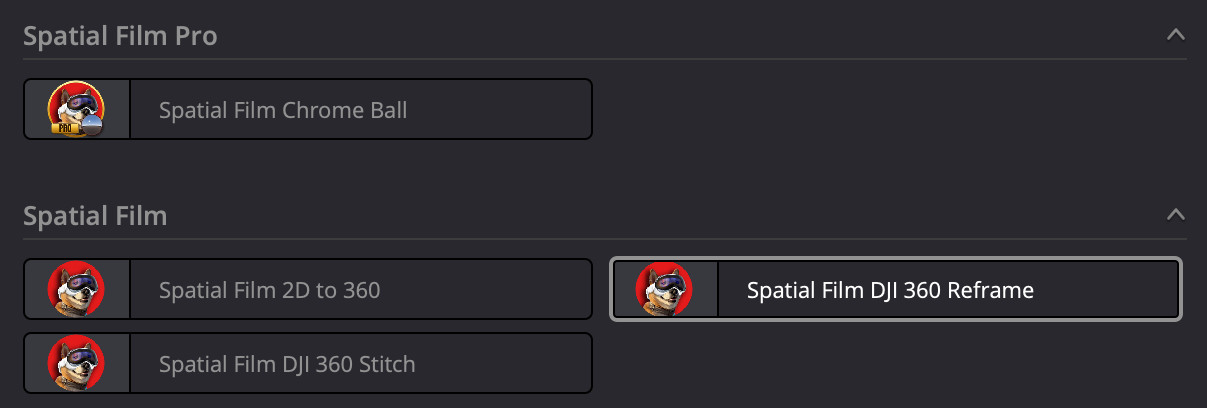 The Spatial Film effects in Resolve's Effects Library: Chrome Ball under Spatial Film Pro; 2D to 360, DJI 360 Reframe and DJI 360 Stitch under Spatial Film.