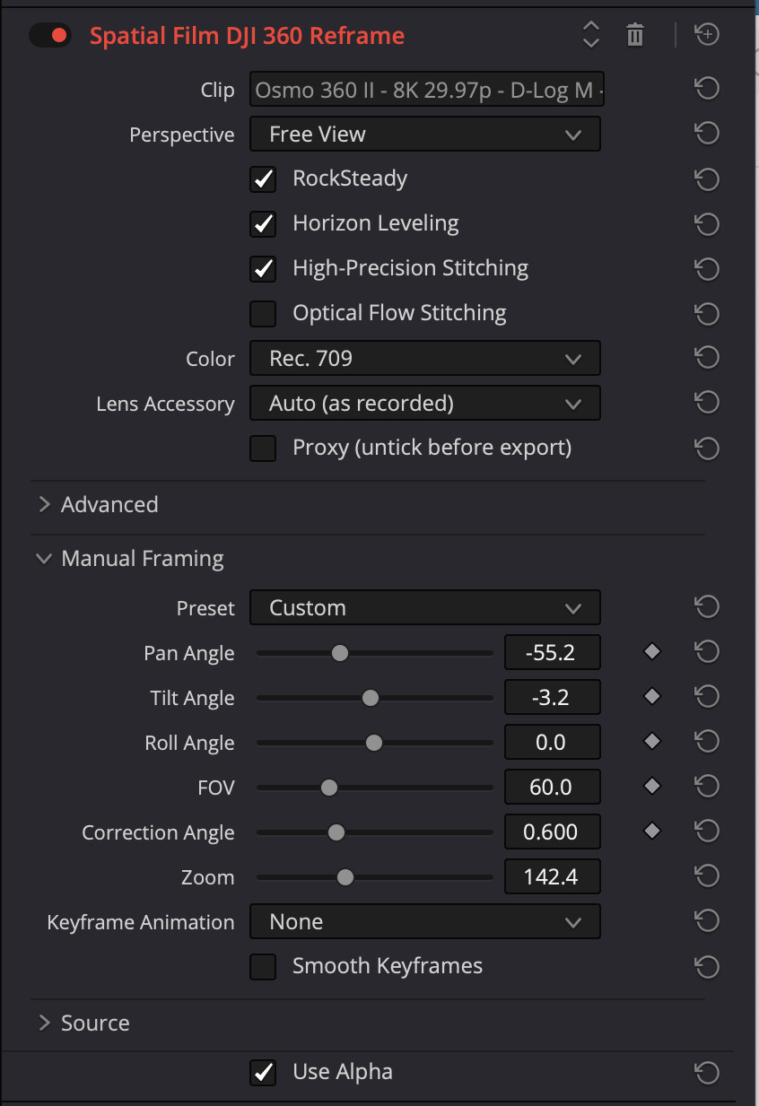 The Spatial Film DJI 360 Reframe controls in DaVinci Resolve's Inspector, with the Manual Framing group open.