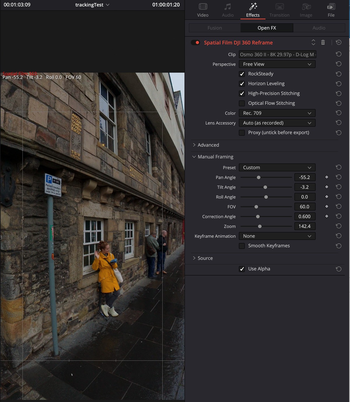 Resolve's viewer with the Reframe on-screen readout and guides, next to the Reframe controls. The guides are viewing aids and never render.