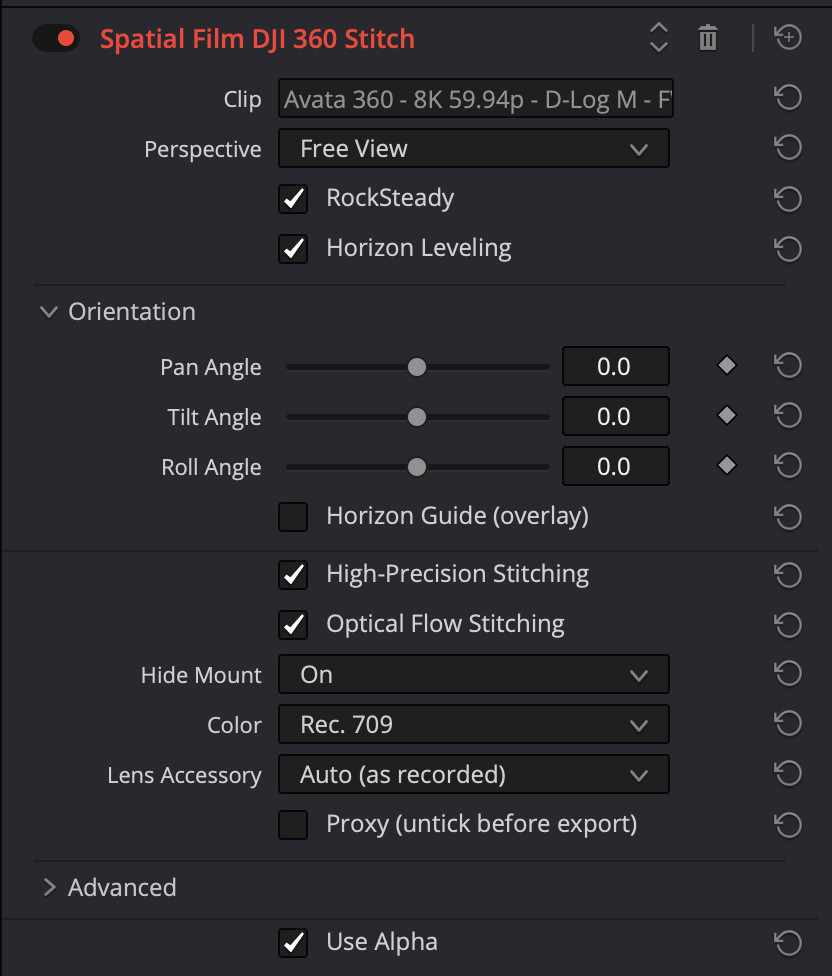 The Spatial Film DJI 360 Stitch controls in DaVinci Resolve's Inspector: perspective, stabilization, orientation, stitching, color and proxy.